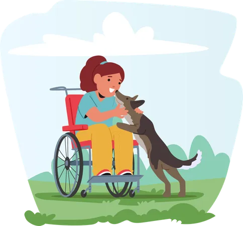 Girl In Wheelchair With Service Dog  Illustration