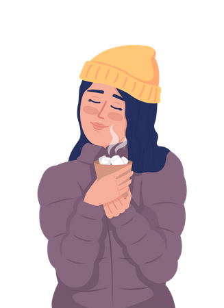 Girl in winter outfit enjoying hot chocolate  イラスト