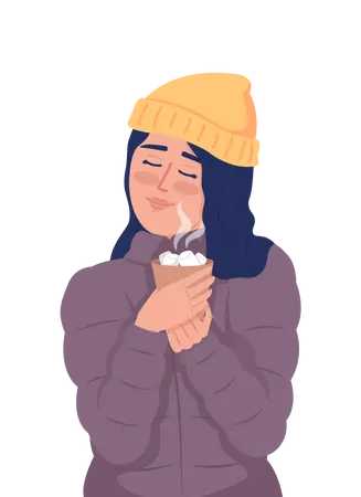 Girl In Winter Outfit Enjoying Hot Chocolate Outdoor Semi Flat Color Vector Character Editable Figure Half Body Person On White Simple Cartoon Style Illustration For Web Graphic Design Animation Illustration