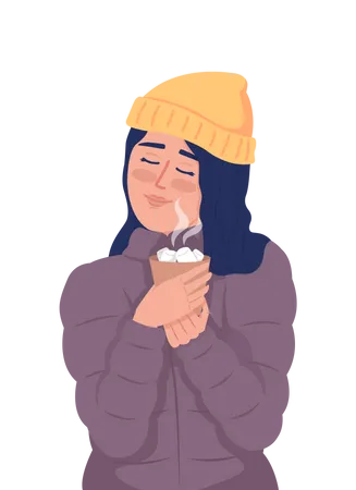 Girl in winter outfit enjoying hot chocolate  Illustration