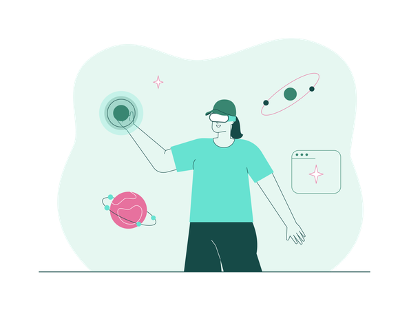 Girl interacting with planets in VR  Illustration