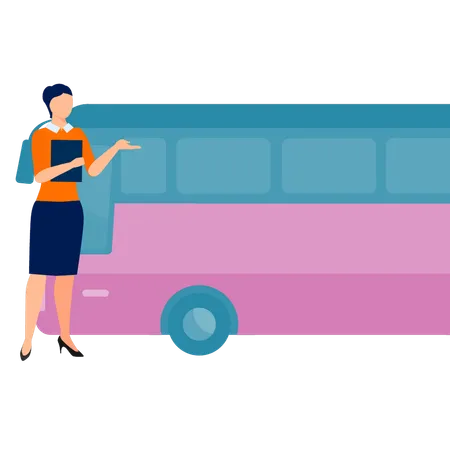 Girl introducing bus  Illustration