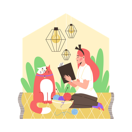 Girl introvert sitting on floor with cat and reading book alone at cozy home  Illustration