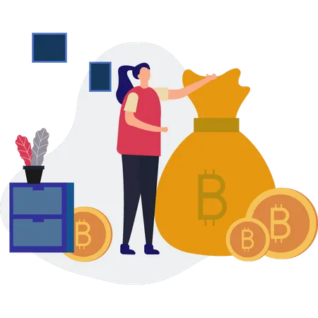 Girl investing in bitcoin  Illustration