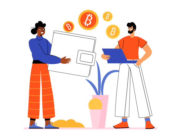 Girl investing money in bitcoin Illustration