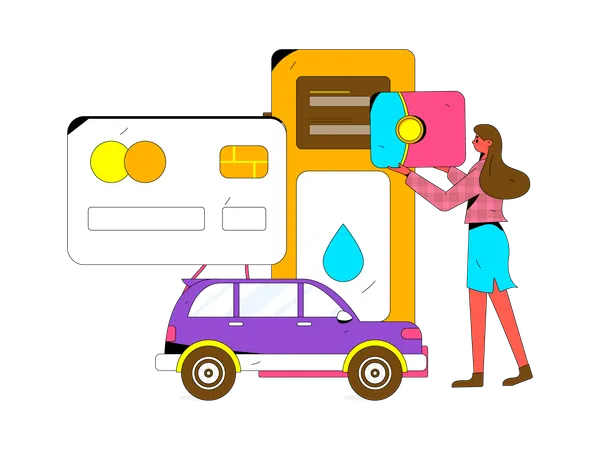 Girl investing money in fuel station  Illustration