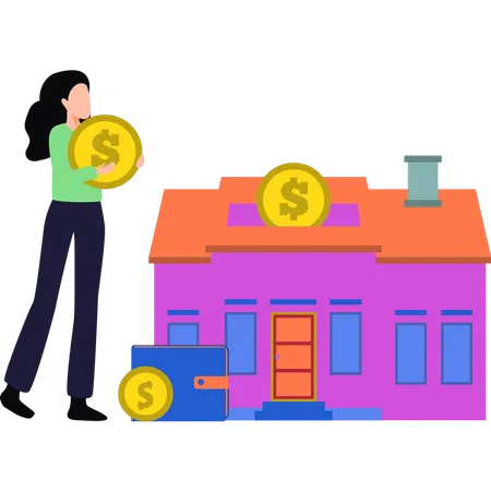 Girl investing money in house Illustration