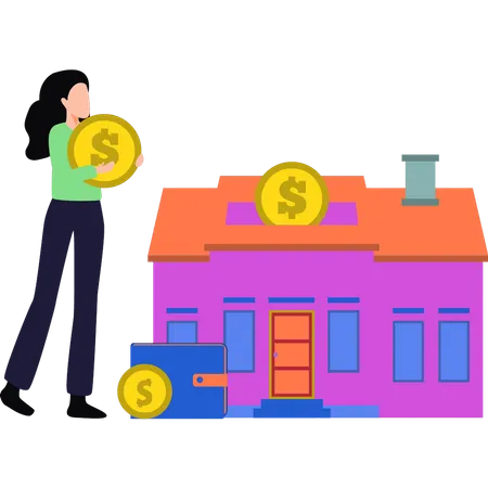 Girl investing money in house  Illustration