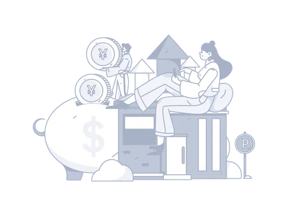 Girl investing money online in property  Illustration