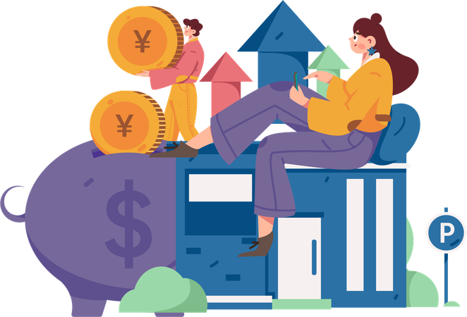 Girl investing money online in property  Illustration