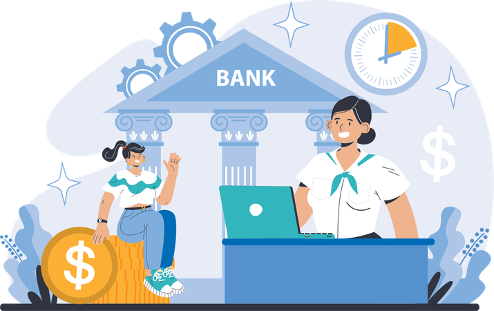 Girl investment money in bank  Illustration
