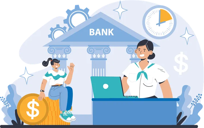 Girl investment money in bank  Illustration