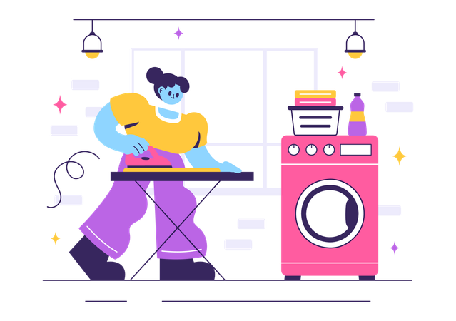 Girl ironing clothes in Laundry Room  Illustration