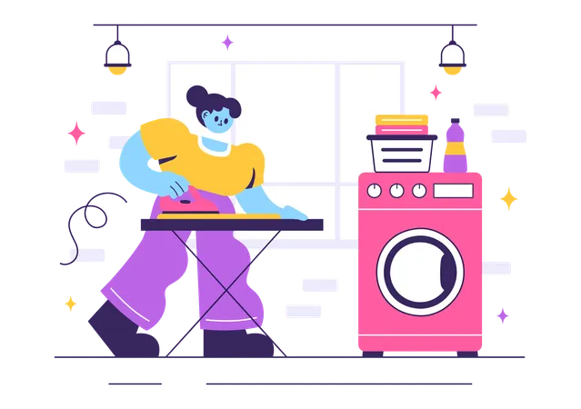 Girl ironing clothes in Laundry Room  Illustration