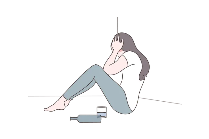 Female Alcoholism Depression Addiction Mental Stress Concept Depressed Frustrated Woman Alcoholic Cartoon Character Sits On Floor With Bottle Of Beverage Loneliness And Raising Of Mental Stress Illustration