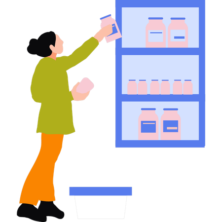 Girl is arranging bottles in supermarket  Illustration