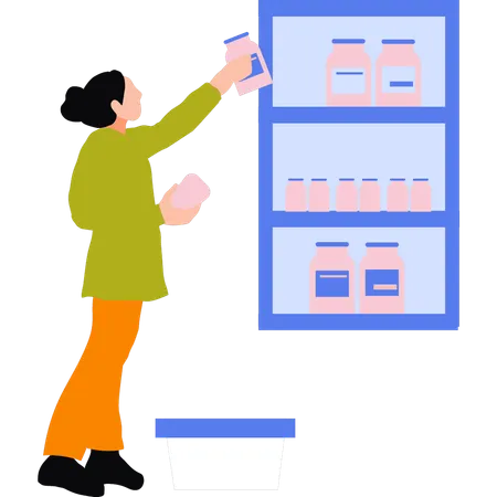 Girl is arranging bottles in supermarket  Illustration