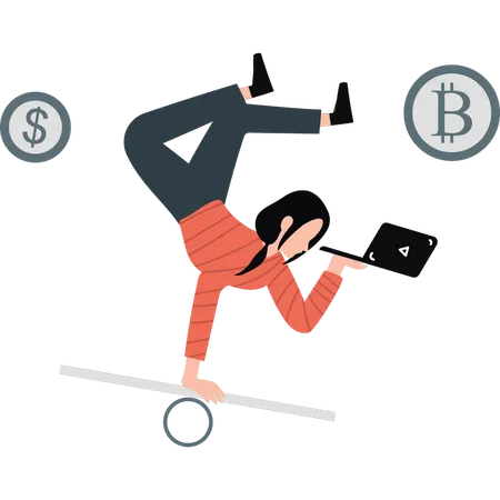 Girl is balancing between different currency  Illustration