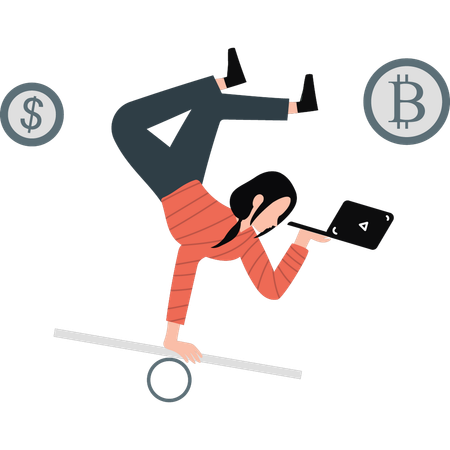 Girl is balancing between different currency  Illustration