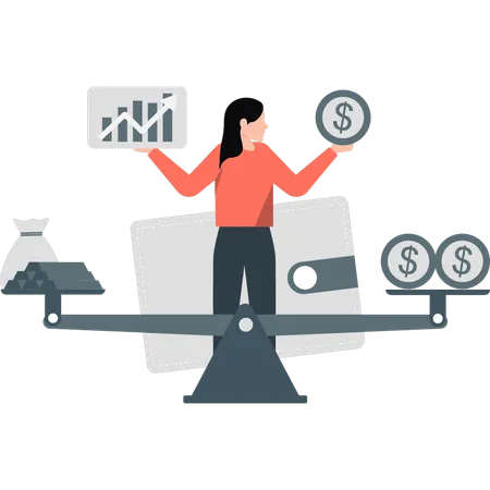 A Girl Balancing On A Dollar Sign Scale With A Wallet Money Illustration