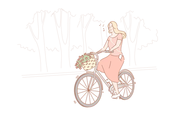 Bicycling In Park Concept Young Joyful Woman Indulges In Bicycling Happy Cheerful Girl Rides Bike With Basket Of Flowers In Park And Listens Music And Enjoys Nature Simple Flat Vector Illustration
