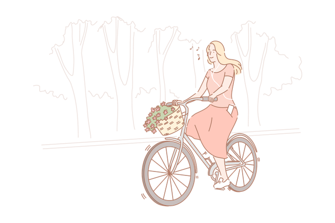 Girl is Bicycling in park  Illustration