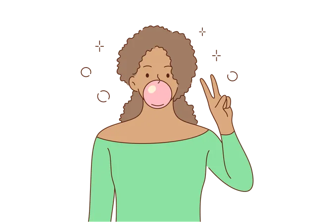 Greeting Gesture Positivity Peace Concept Young Relaxed Happy African American Woman Girl Cartoon Character Chewing Bubble Gum Showing Two Fingers Peaceful Sign Positive Gesturing Illustration Illustration