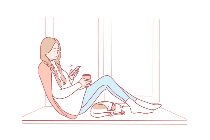Quarantine Recreation Communication Media Coronavirus Concept Young Smiling Woman Girl Sitting On Windowsill With Pet Cat Drinking Tea Coffee Chatting In Social Network Spending Time On Lockdown Illustration