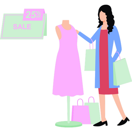 Girl is buying dress at 25 percent discount  Illustration
