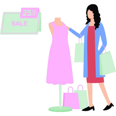 Girl is buying dress at 25 percent discount  Illustration