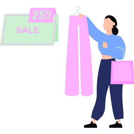 Girl is buying jeans on 25 percent sale  Illustration