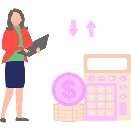 Girl is calculating the dollar rate on the laptop  Illustration