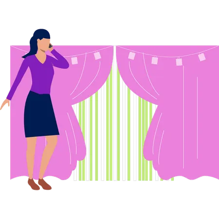 Girl is calling someone in front of curtains  Illustration