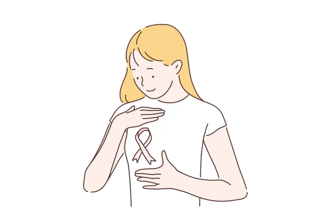 Breast Cancer Awareness Month Concept Womens Day October 15 Fight The Disease A Young Woman Or Girl Smiling Looks At A Pink Ribbon Symbol A Lady With Cancer Doesnt Fall In Spirit Volunteering Supporting Simple Flat Vector Illustration