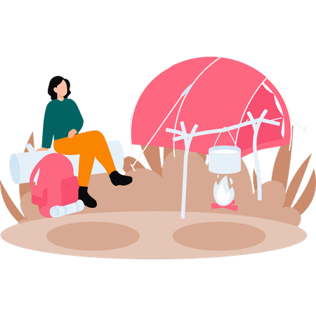 Girl is camping in forest  Illustration