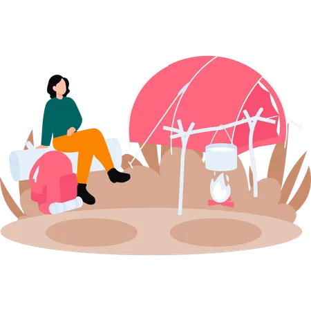 Girl is camping in forest  Illustration