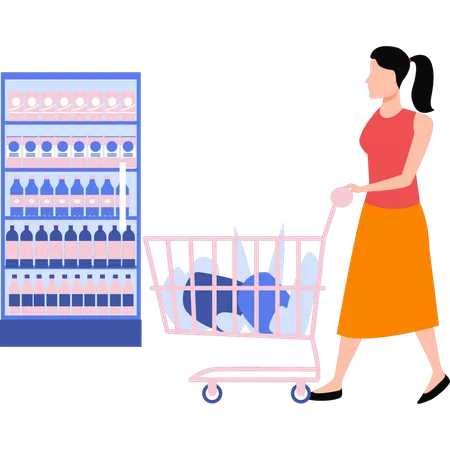 Girl Is Carrying A Shopping Trolley Illustration