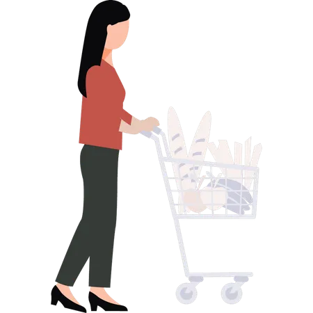 The Girl Is Carrying A Shopping Trolley Illustration