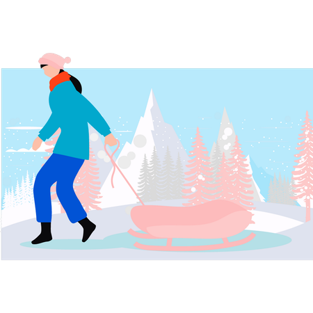 Girl is carrying a sleigh  Illustration