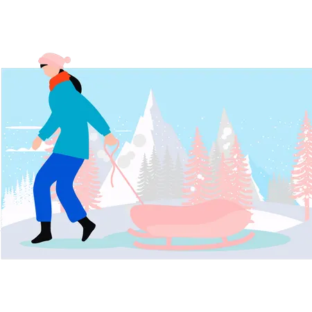 Girl is carrying a sleigh  일러스트레이션