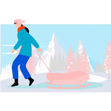 Girl is carrying a sleigh  Illustration