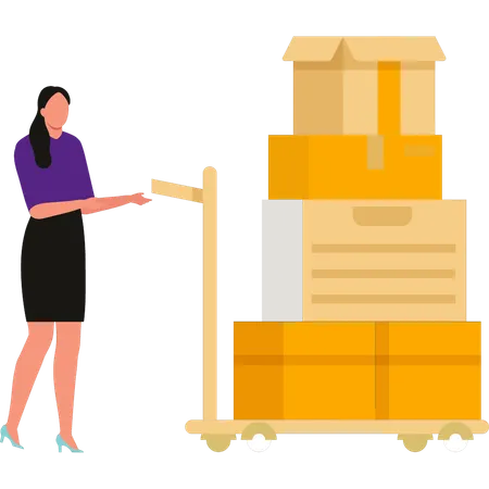 Girl is carrying a trolley of packages  Illustration