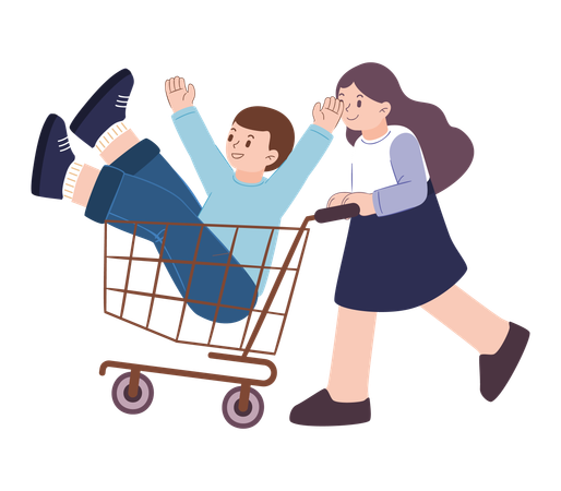Girl is carrying boy in shopping trolley  Illustration