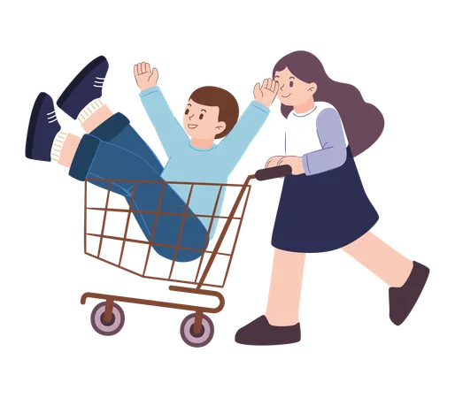 Girl is carrying boy in shopping trolley  Illustration