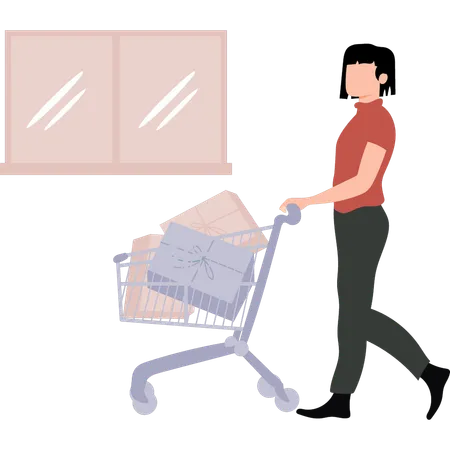 The Girl Is Carrying The Shopping Trolley Illustration