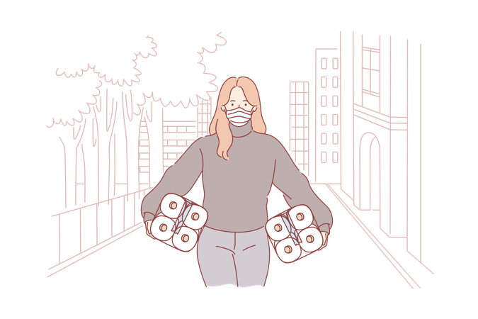 Girl is carrying tissue rolls in her hand  イラスト