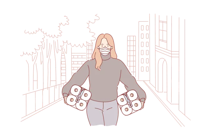 Girl is carrying tissue rolls in her hand  イラスト