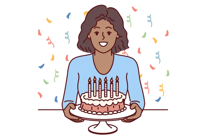 Teenage Girl With Birthday Cake In Hands Stands Among Canfeti And Smiles Offering To Celebrate Holiday Party African American Child Holding Birthday Cake With Hot Candles And Looking At Screen Illustration
