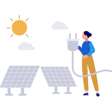 Girl is charging solar panel plate  Illustration
