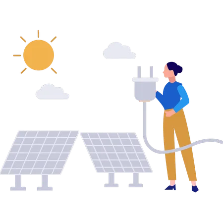 Girl is charging solar panel plate  Illustration